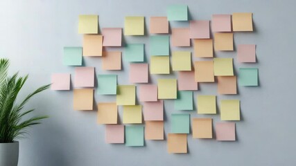 Colorful sticky notes wall with potted plant enhance vibrant workspace organization and creativity.