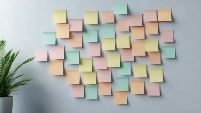 Colorful sticky notes wall with potted plant enhance vibrant workspace organization and creativity.