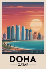Vintage Travel Poster of Doha Skyline, Qatar