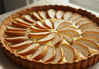 Delicious pear tart with golden crust and perfectly arranged pear slices for dessert lovers and food enthusiasts