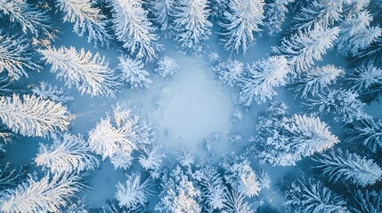 Aerial Top View of Snow-Covered Winter Forest with Clear Center