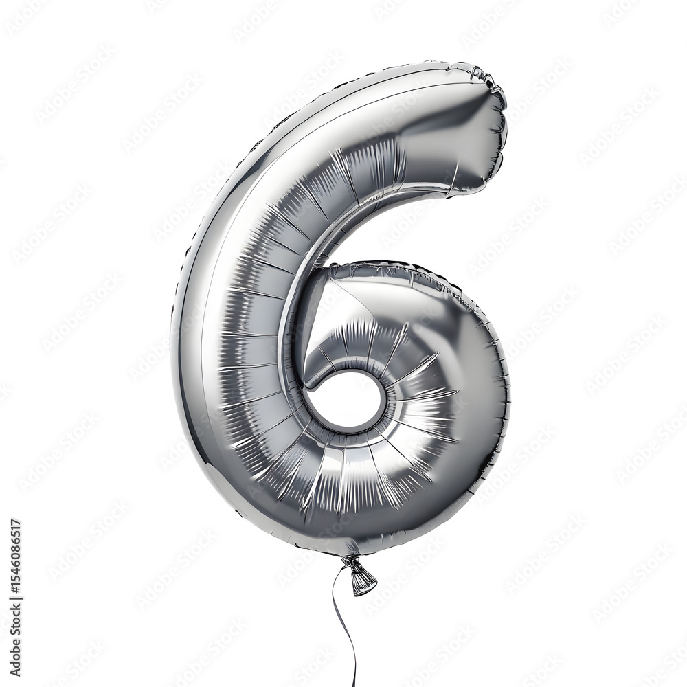Fototapete a balloon shaped like the number 6 ,silver metallic finish with realistic reflections and smooth tex