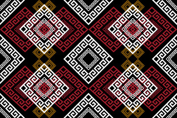 A traditional Thai Ikat fabric pattern in pixel art style featuring floral motifs, concentric diamond shapes, and a colorful arrangement of red, white, yellow, and black tones. Inspired by northern an