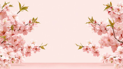 Fototapeta premium Beautiful cherry blossoms frame soft pink background, creating serene and tranquil atmosphere. delicate flowers evoke feelings of spring
