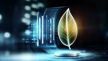 A glowing leaf with futuristic lights, symbolizing eco-friendly energy technology.

