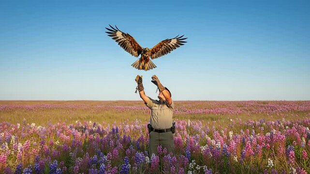 A falconer showcases a majestic hawk against a vibrant field of wildflowers under a clear sky