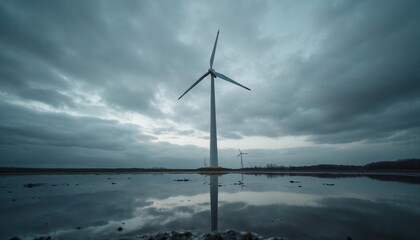 Obraz premium Wind turbine reflecting in water under cloudy sky 
