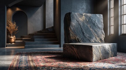 gray stone podium in a minimalist space on embroidered oriental rug 