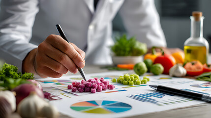 Scientist in White Coat Analyzing Food Samples Charts Graphs