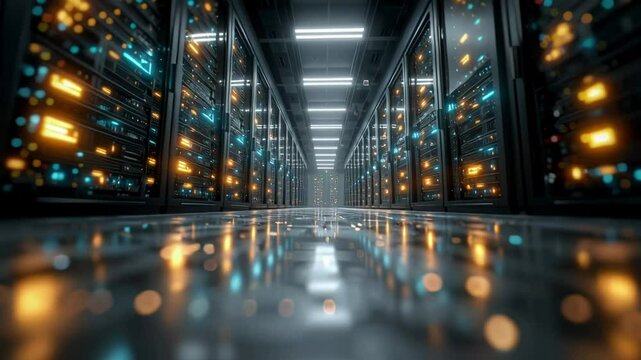 Vast data center or server room with a glowing blue and orange lights, fpv flight through the corridor.  Big Data, AI, Cloud Computing, and Network Infrastructure