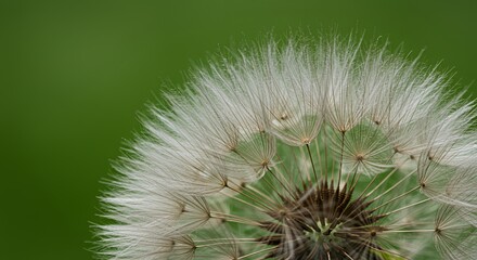 Gossamer Wings of a Mature Dandelion Seed Head Against a Lush Green Background