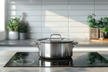 sharp image of Modern electric stove with cooking pot and frying pan in kitchen