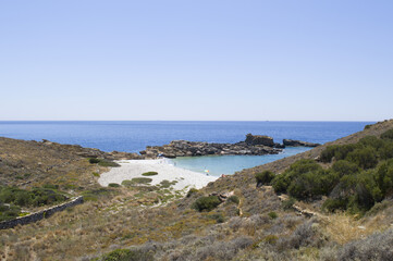 Beautiful Greek beach in Mani Peloponnese with blue waters.Summer seascape