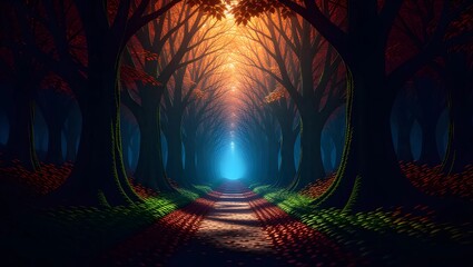 Obraz premium An ethereal forest path leads towards a glowing light. The trees form a tunnel, their branches reaching upwards.