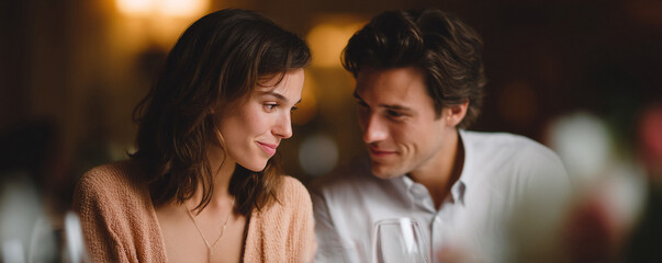 Fototapeta premium An intimate moment captured. A couple share a tender look over dinner, radiating warmth and affection. Perfect for illustrating relationships, romance, or special occasions.