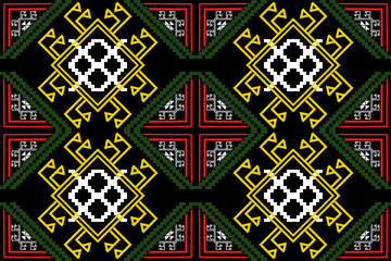 A vibrant pixel art pattern inspired by traditional Thai tribal weaving. This design features bold yellow diamond motifs, red geometric crosses, and decorative green and red ethnic borders, all arrang