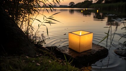 Square Yellow Candle Flickering in Low Light Ambiance