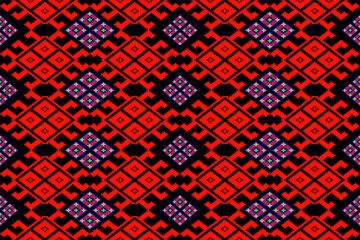 A vivid and colorful pixel art pattern inspired by traditional Thai Praewa weaving from the Isan region. The vibrant orange base is complemented with blue, purple, green, and white geometric motifs ar