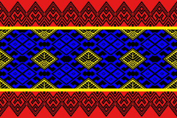 A vibrant traditional Thai Praewa textile pattern illustrated in bold pixel art style. Features a symmetrical geometric layout with diamond motifs in vivid red, blue, yellow, and black. Inspired by No