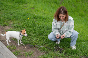 A woman cleans up dog excrement while on a walk.