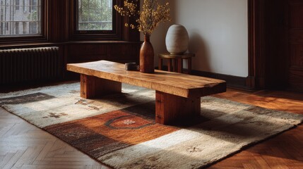 low minimalist platform with clean edges on handwoven kilim rug