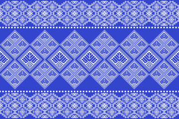 Traditional Praewa fabric pattern inspired by Thai textile culture, designed in geometric pixel art style. Features symmetrical diamond shapes and floral motifs in blue and white tones. Ideal for seam