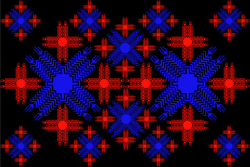 A bold red and blue pixel tribal pattern on black background, inspired by traditional ethnic textile motifs. This digital geometric fabric design blends heritage aesthetics with modern pixel art style
