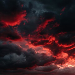 Fototapeta premium Dramatic red sky with black ominous clouds, dramatic, red, sky, black, ominous, clouds, stormy, weather, dark .