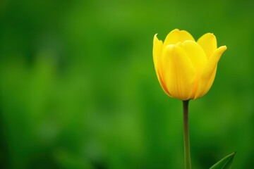 A single vibrant yellow tulip against a lush green backdrop , color, botany, petals