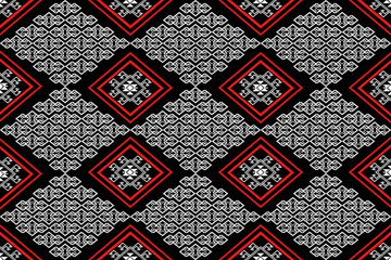 A bold and elegant seamless textile pattern inspired by traditional Southeast Asian weaving. This design features white geometric motifs with red diamond frames on a deep black background, creating a 