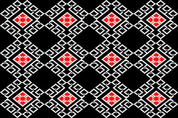 A minimalist Thai traditional textile pattern in pixel art style inspired by Phrae Wa weaving. The design features red and white pixelated diamond motifs arranged in a geometric lattice on a black bac