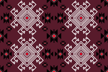 A traditional Thai tribal pattern with intricate geometric motifs in maroon, white, and black. The symmetrical design features concentric diamond shapes and spiral maze-like symbols, inspired by north