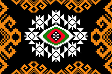 Ethnic tribal-style geometric pattern in pixel art format. Features a central eye-shaped diamond motif with red, green, and black elements, surrounded by white symmetrical shapes. Inspired by traditio