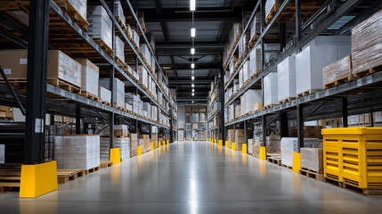 Warehouse Interior with Symmetrical Rows of High-Stacked Goods