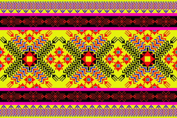  Vibrant pixel textile inspired by northeastern Thai (Isan) weaving traditions. The bold central sunburst motif radiates out in pixelated zigzag waves, using yellow, red, black, and electric blue. A 