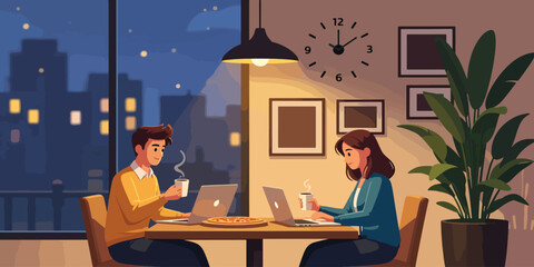 Nighttime Work Couple Collaborating on Laptops in Cozy Apartment