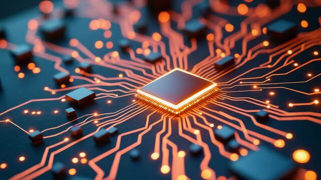 Key chip technology concept ,Microchip circuit board glowing orange light spread electronic technology with motion light effect