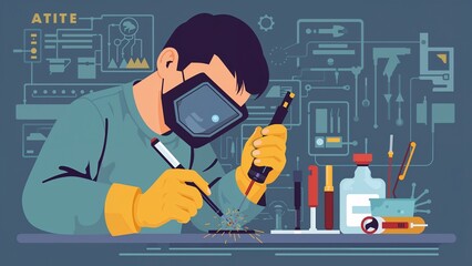 Micro welding specialist working on tiny metal components using a magnifier and precision tools, flat design illustration