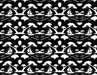 Black and White Sailboat and Island Landscape Pattern