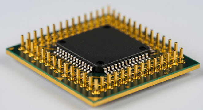 A macro shot of an isolated, gold-plated CPU, highlighting the intricate detail of its connector pins on a white background.