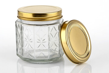 Clear Glass Jar With Shiny Gold Lid Placed On A Clean White Background