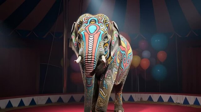 Colorful painted elephant in circus arena setting