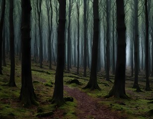 Obraz premium A serene dark forest landscape with numerous tall, slender tree trunks, with the forest floor covered with green moss. The mist or fog enhance the tranquil and mysterious ambiance of the scene. 