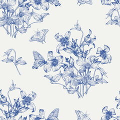 Toile art Floral vector vintage seamless pattern bouquet flowers Clematis and butterflies, blue beige. Hand drawn background for design packaging, textile, wallpaper, Fashion apparel, wedding, holiday
