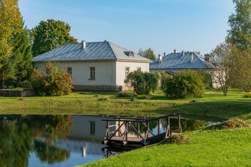 View of residential buildings in the Petrovskoye estate of the Pushkin Museum-Reserve with...