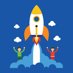 Startup Launch Rocket Powered By Teamwork Vector Illustration For Group Effort