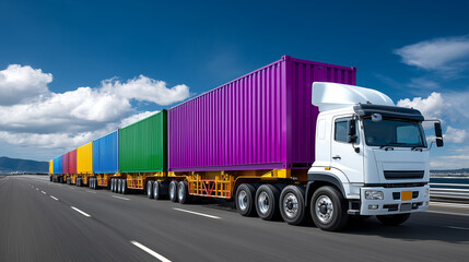 Endless convoy of transport containers on trailers in motion