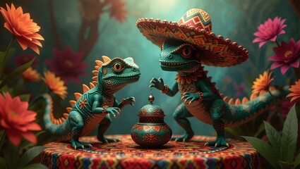 Obraz premium Two charming lizards in vibrant attire, adorned with a sombrero and jewelry, gather near a decorative jar, framed by colorful flowers.