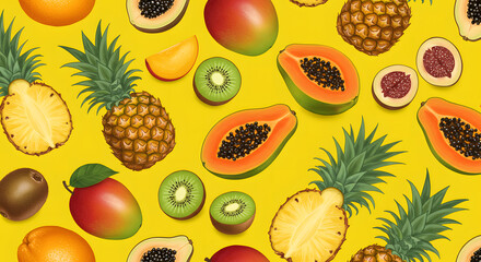 Vibrant Tropical Fruit Pattern Mango, Pineapple, Papaya, Kiwi Background