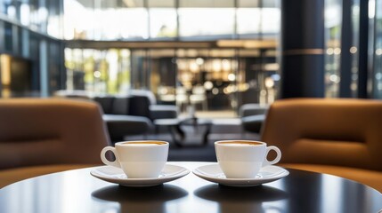 Common settings of cafe interior with a pair of coffee cups on a small table